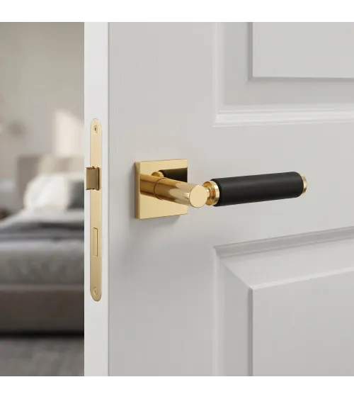 TUPAI 4200/202 square polished gold door handle with black leather - designer handle