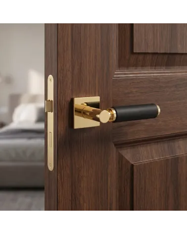 TUPAI 4200/202 square premium polished gold and black leather door handle - Millapoignees