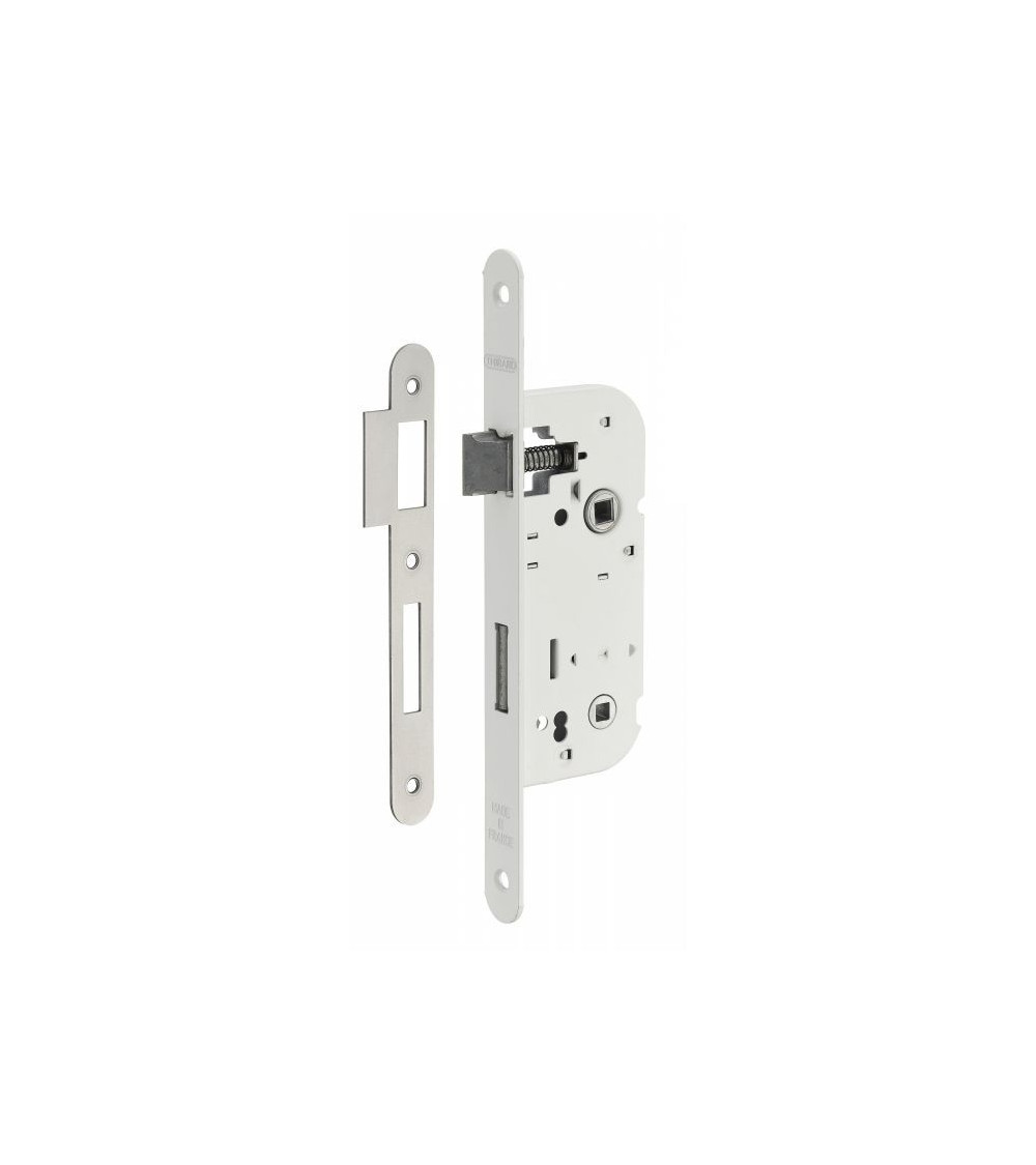 Thirard white mortice lock NF white steel faceplate, 50mm spindle, 70mm centres, for WC or bathroom - designer handle