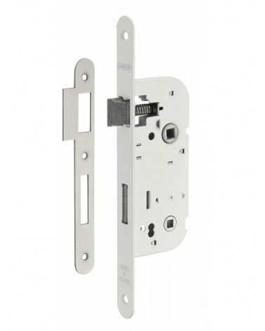 Thirard white mortice lock NF white steel faceplate, 50mm spindle, 70mm centres, for WC or bathroom - designer handle