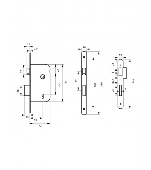 Thirard black mortice lock NF black steel faceplate, 50mm axis, 70mm centre distance, for bedroom