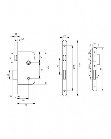 Thirard black mortice lock NF black steel faceplate, 50mm spindle, 70mm centres, for WC or bathroom - designer handle