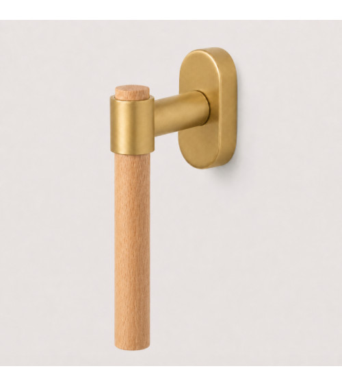 IRATY window handle in beech wood and satin gold