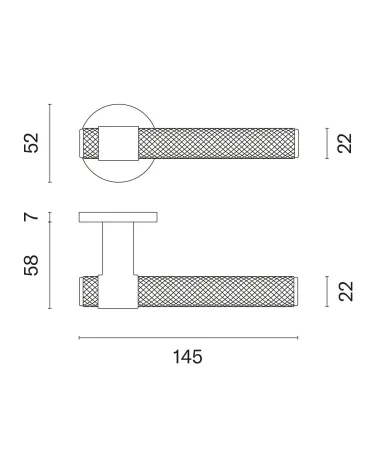 GLORIA door handle in antique patina brass — dimensioned technical diagram