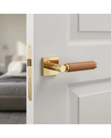 Square Polished Gold Leather Door Handle | Opulence and Class