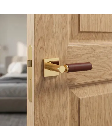 Square Polished Gold Leather Door Handle | Opulence and Class