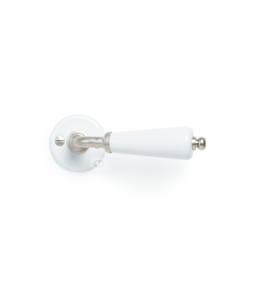 Barrel door handle on white porcelain rose - nickel finish - designer handle