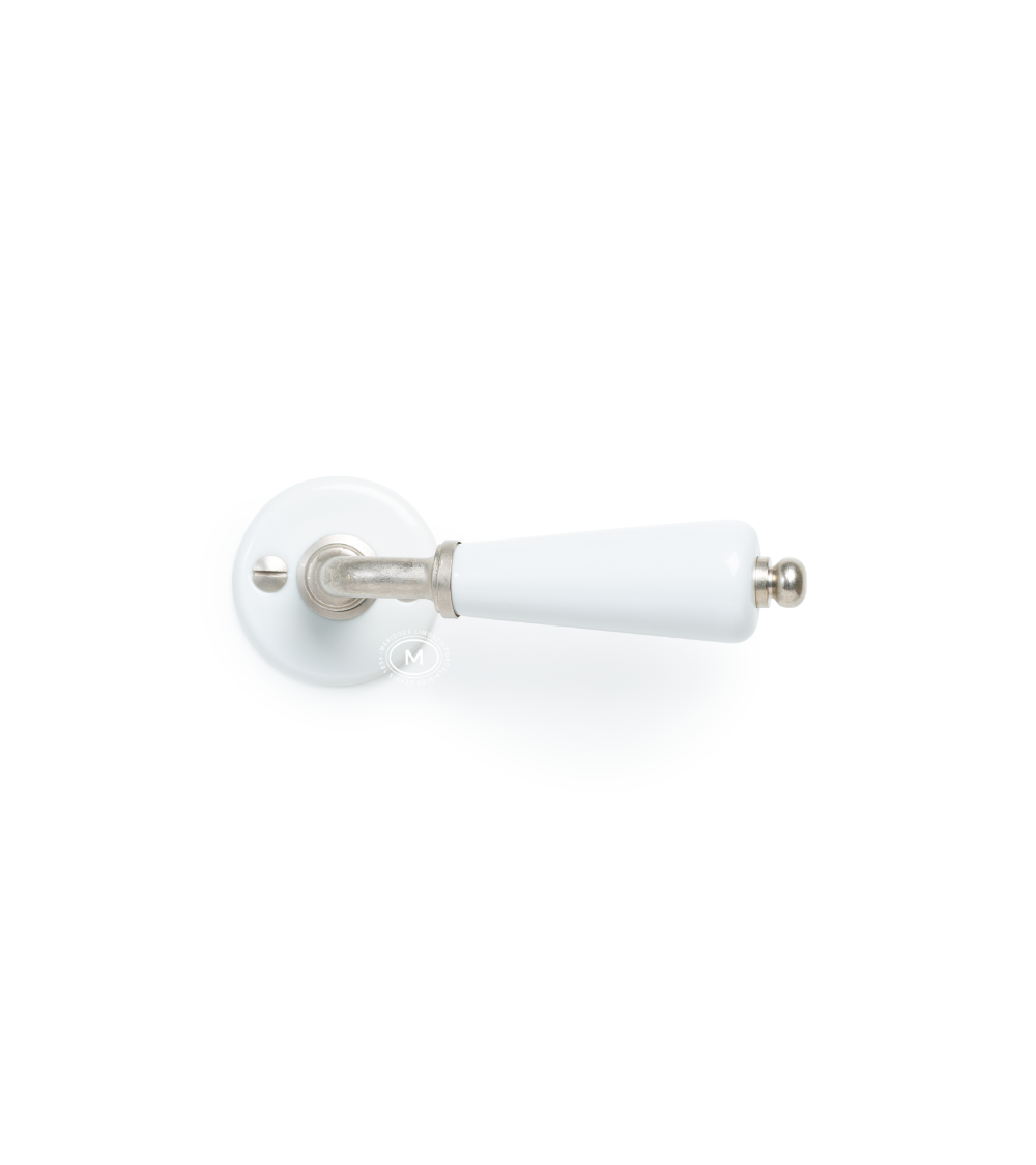 Barrel door handle on white porcelain rose - nickel finish - designer handle