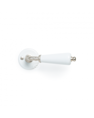Barrel door handle on white porcelain rose - nickel finish - designer handle