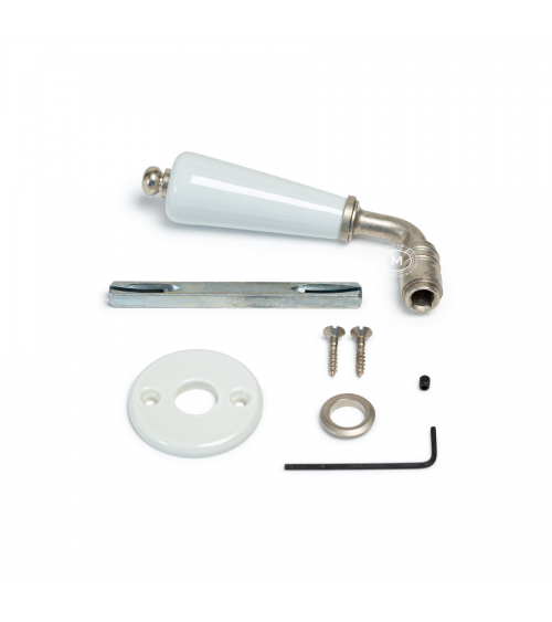 Barrel door handle on white porcelain rose - nickel finish - designer handle