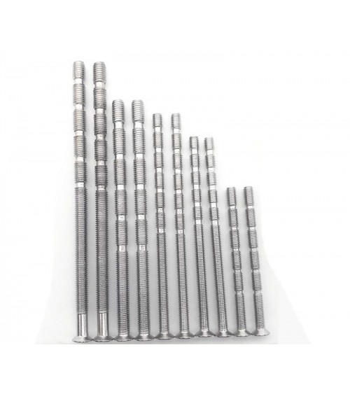M4 through-threaded rod 10cm long on a table, with a wooden ruler and white millapoignees business card