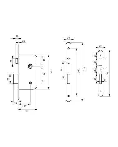 White mortice lock Thirard NF white steel faceplate, 50mm follower, 70mm centres, for WC or bathroom - designer handle