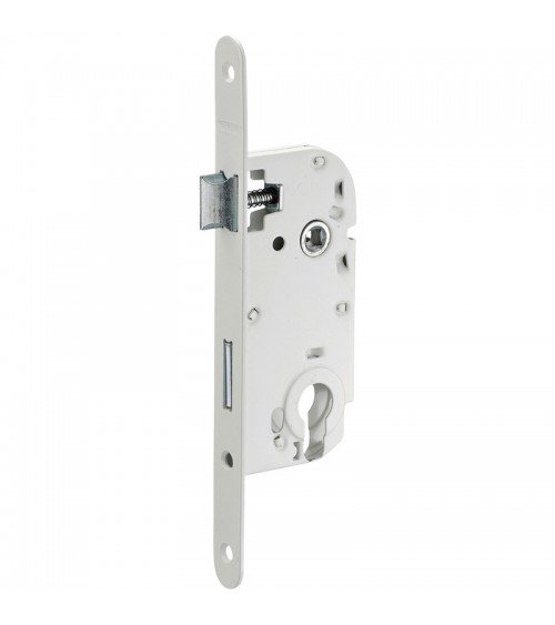 White mortice lock Thirard NF white steel faceplate, 50mm follower, 70mm centres, barrel key - designer handle