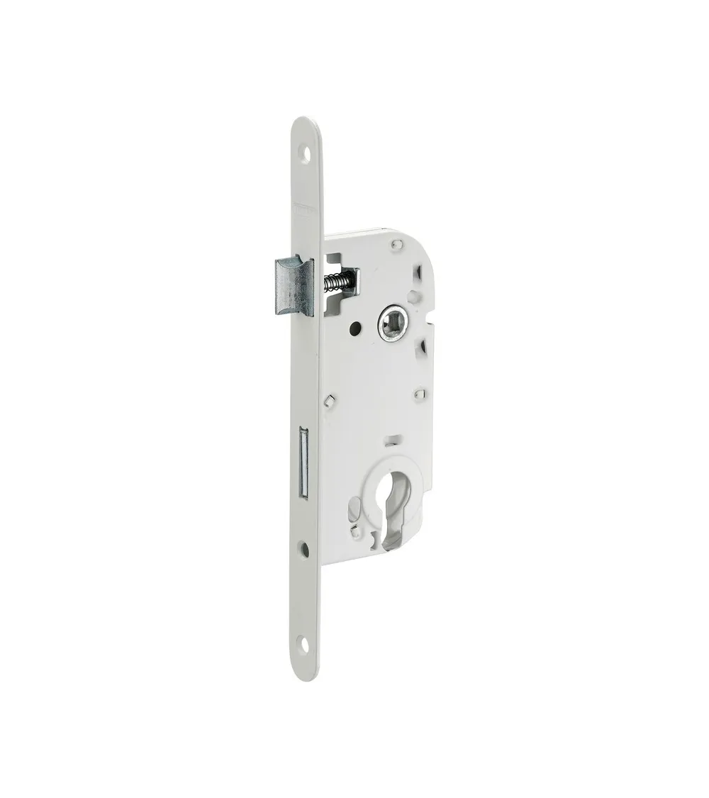 White mortice lock Thirard NF white steel faceplate, 50mm follower, 70mm centres, barrel key - designer handle