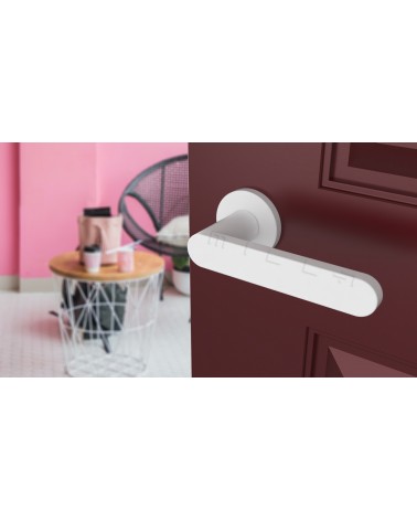 White ALORA door handle design handle angled view mounted on a door
