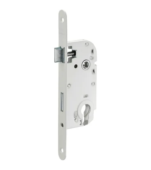 White mortice lock Thirard NF white steel faceplate, 50mm axis, 70mm centre distance, cylinder key - design handle