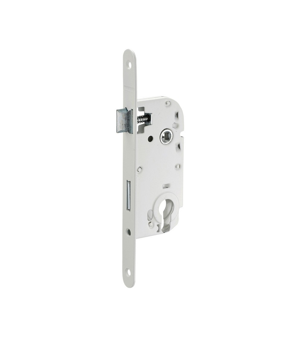 White mortice lock Thirard NF white steel faceplate, 50mm axis, 70mm centre distance, cylinder key - design handle