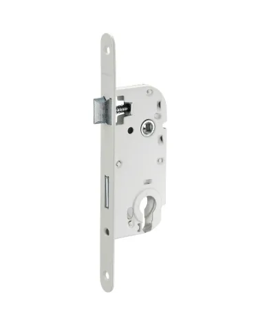 White mortice lock Thirard NF white steel faceplate, 50mm axis, 70mm centre distance, cylinder key - design handle