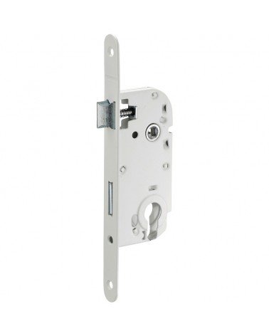 White mortice lock Thirard NF white steel faceplate, 50mm axis, 70mm centre distance, cylinder key - design handle