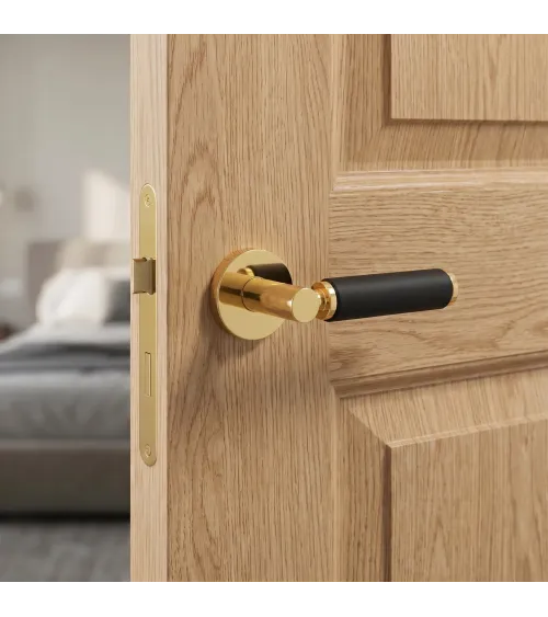 TUPAI 4200/202 round door handle in brass and leather - designer handle