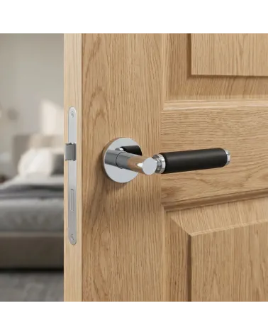 Premium polished chrome and black leather door handle TUPAI 4200/202 round - Millapoignees