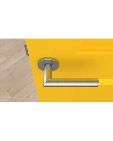 Satin chrome ARABIS door handle designer handle top view mounted on a door