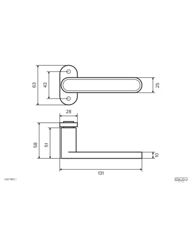 Black iron lever handle — dimensioned technical drawing