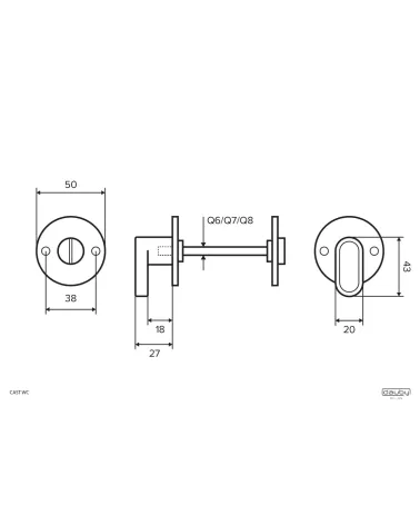 Privacy set in raw metal finish — dimensioned technical drawing