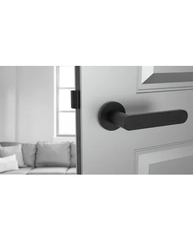 Black ALORA door handle designer handle front view mounted on a door