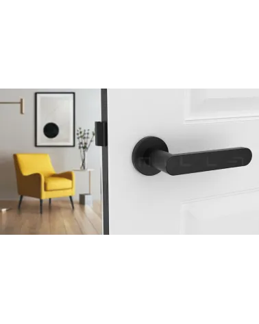 Black ALORA door handle designer handle front view mounted on an ajar door