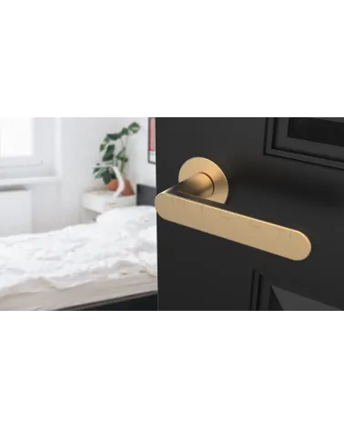 ALORA matt gold door handle design angled view mounted on a door