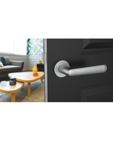 ARIA design door handle colour 4 front view mounted on an ajar door