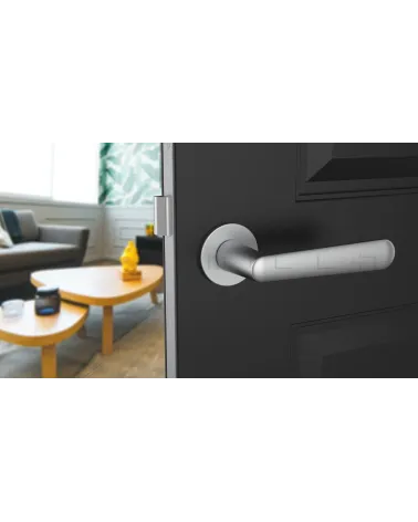 ARIA design door handle colour 4 front view mounted on an ajar door