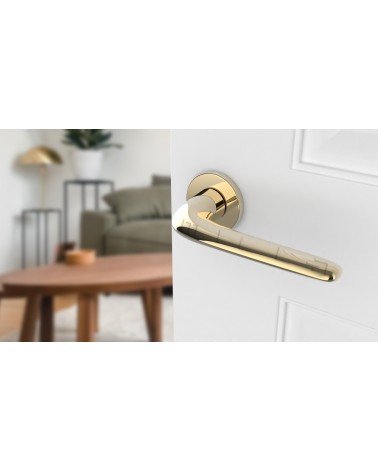 AZALIA Gold door handle design handle angled view mounted on a door