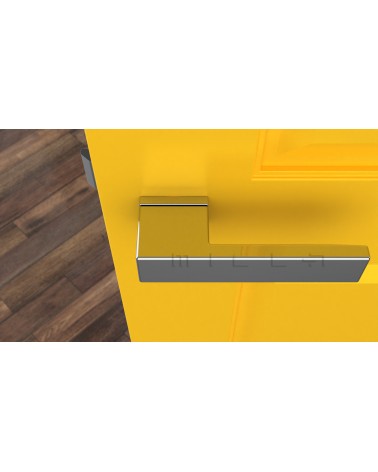 Polished chrome CARLINA designer door handle top view mounted on a door