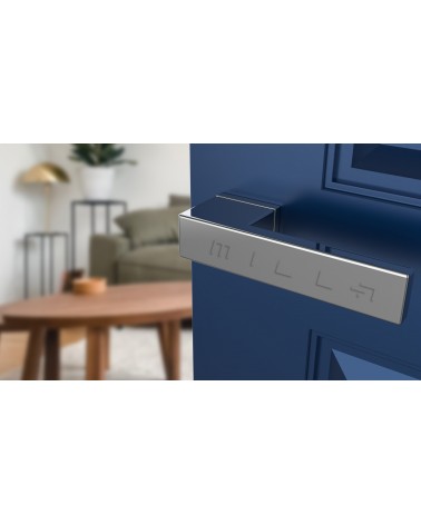 Satin chrome CARLINA designer door handle angled top view mounted on a door