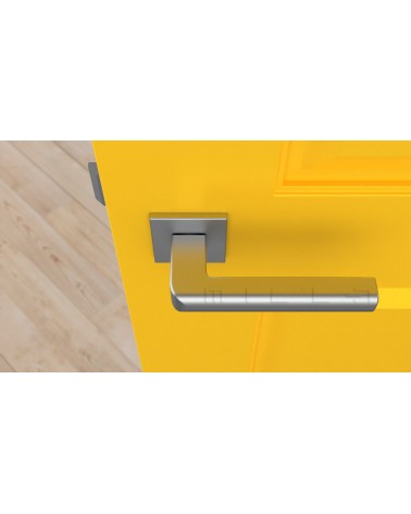 Satin chrome SALICE door handle design hardware top view mounted on a door
