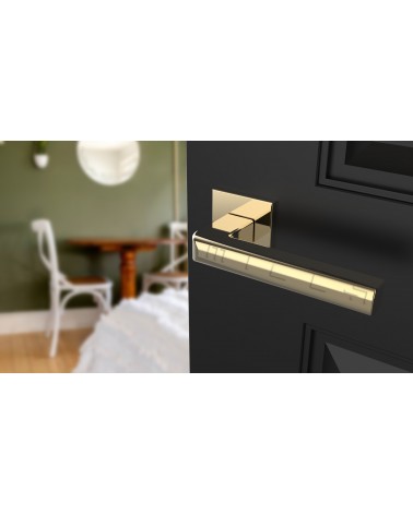 SALICE polished gold door handle design hardware angled view mounted on a door