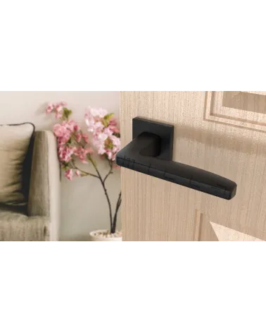 Black ERBA door handle design handle angled view mounted on a door