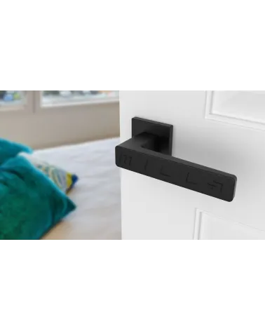 Black ERICA door handle design handle angled view mounted on a door