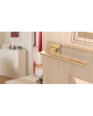 LUNARIA matt gold door handle design handle angled top view mounted on door