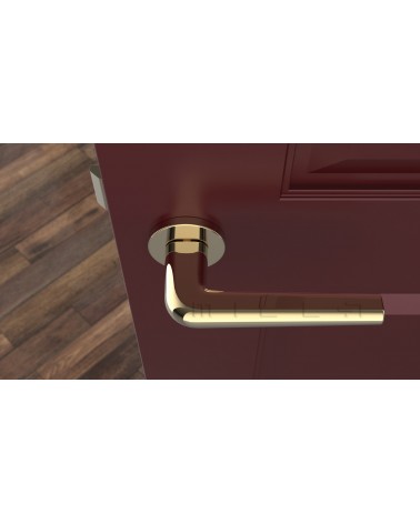 Polished gold FUNKIA door handle design handle top view mounted on a door