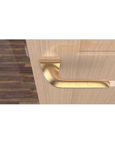 Matt gold GLADIOLA door handle design handle top view mounted on a door