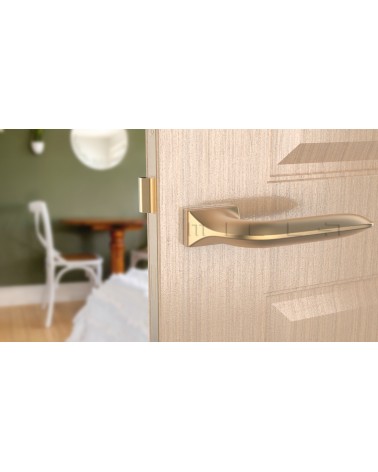 Matt gold GLADIOLA door handle design handle front view mounted on a door