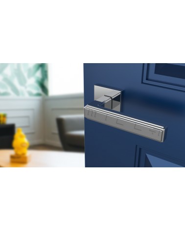 Polished chrome RAFLESIA door handle designer handle mounted on an ajar door