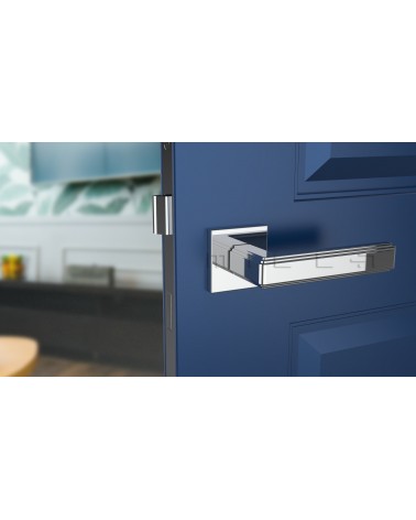 Polished chrome RAFLESIA door handle designer handle mounted on a door