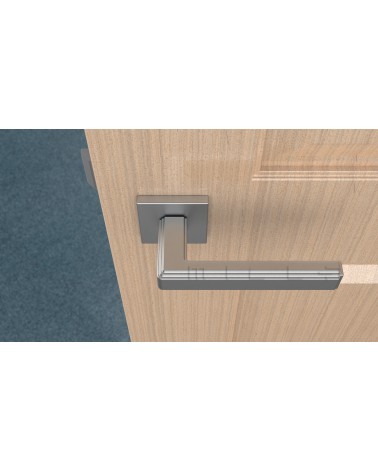 Satin chrome RAFLESIA door handle designer handle top view mounted on a door