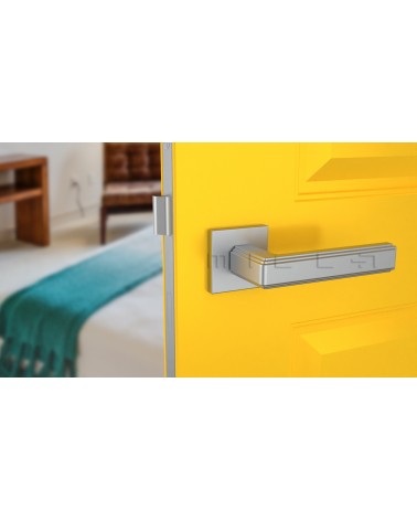 Satin chrome RAFLESIA door handle designer handle mounted on a door