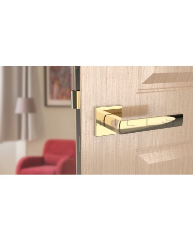 Polished gold HOSTA door handle designer hardware front view mounted on a door