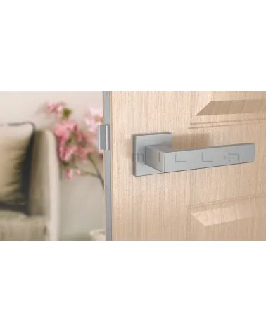 Satin chrome PINA door handle design handle front view mounted on a door